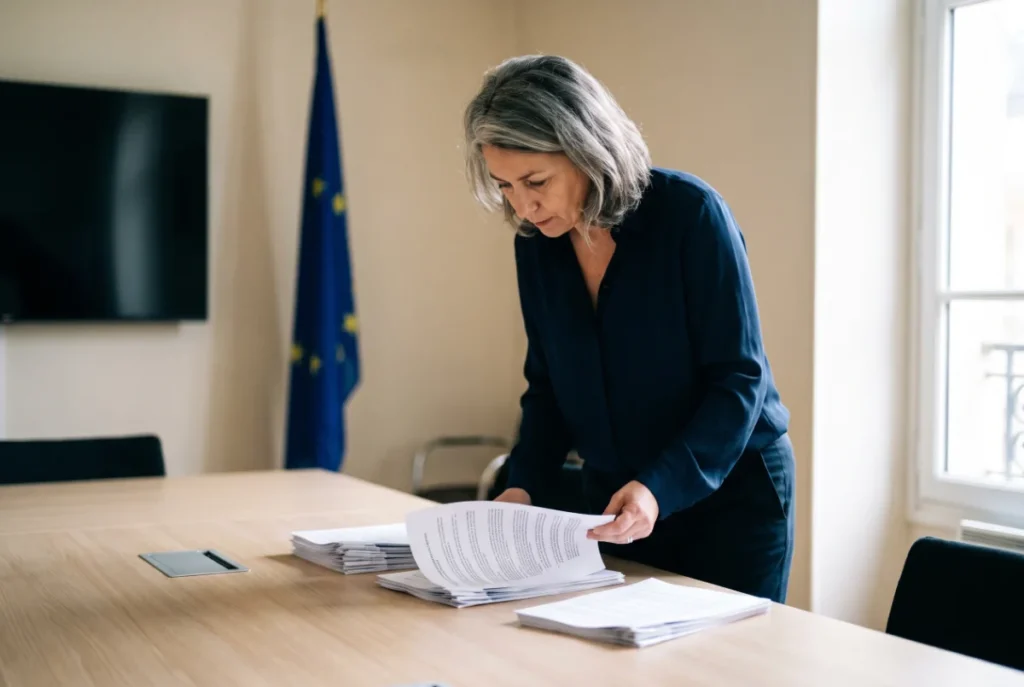 Dirigeante de PME francaise consultant des documents sur les obligations du reglement europeen sur l intelligence artificielle